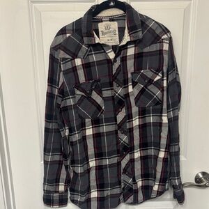 Plaid Button-Down Shirt - Black, White, Red